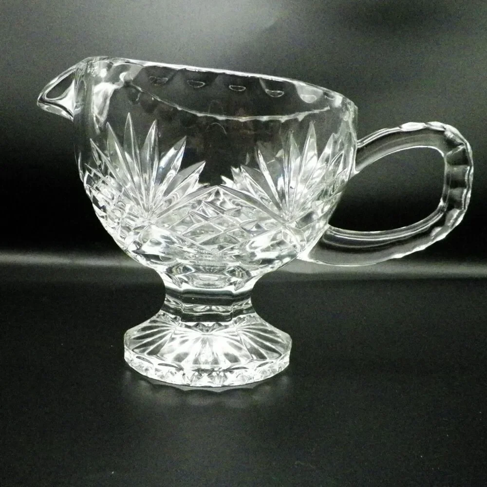 Footed Gravy Boat Crystal Fan and Criss-Cross Pattern Vintage Glassware